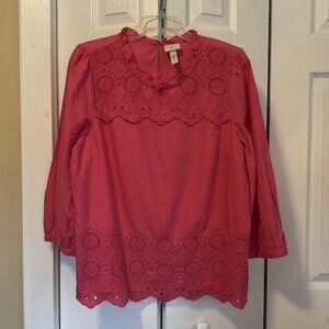 St. John's Bay 100% Cotton Pink 3/4 L/S Blouse with Lacy Ruffles Size Large